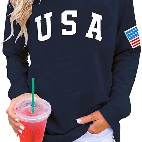 Navy Blue Americana USA flag Long Sleeve Graphic Crew Neck Sweater Pullover - Picture 1 of 4
